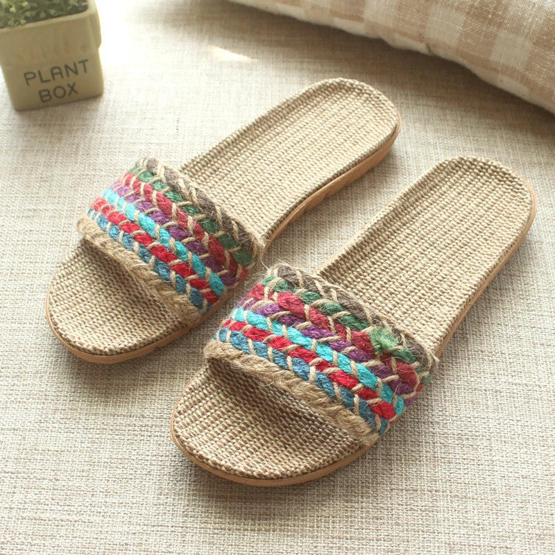 Summer Women Men Boho Flax Slippers Sandal Casual Beach Flip Flops Indoor Shoes