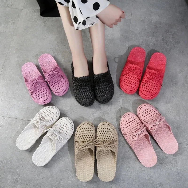 New Hollow Women's Slippers Closed Toe Lace-Up Flat Beach Shoes Casual Sandals