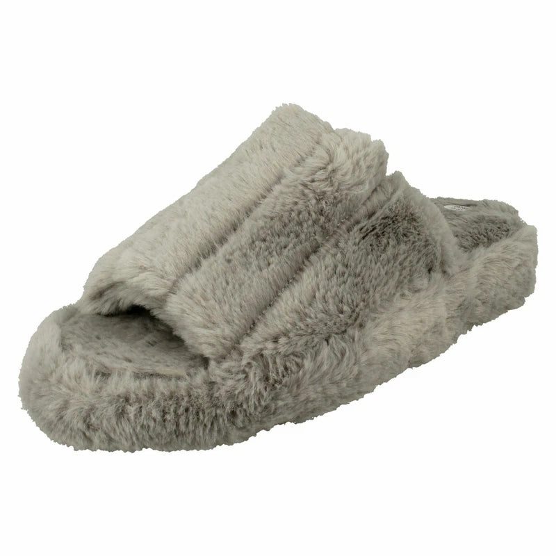Ladies Faux Fur Striped Detail Sliders / Slippers : X2R119