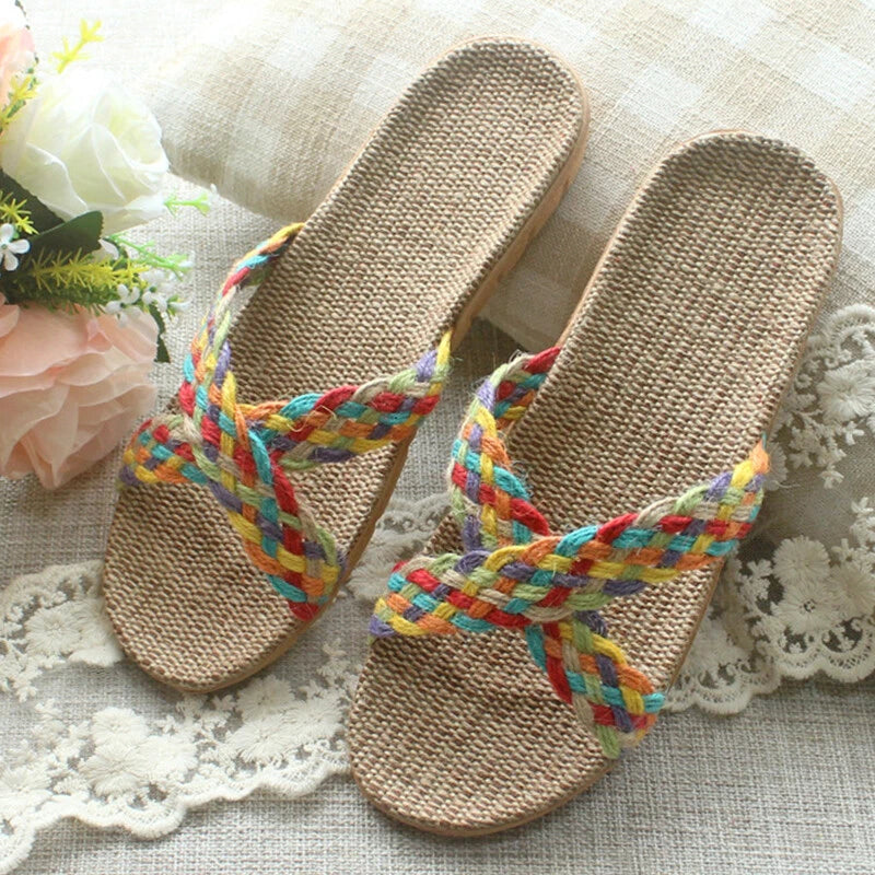 Summer Women Men Boho Flax Slippers Sandal Casual Beach Flip Flops Indoor Shoes