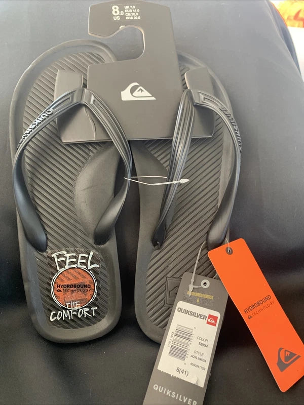 Quiksilver Mens Flip Flops Slippers Thong Sandals Black Surfers Beach NEW Size 8