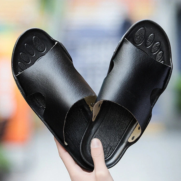 Men PU Leather Flats Casual Sandals Beach Shoes Summer Anti-Slip Slippers Slides