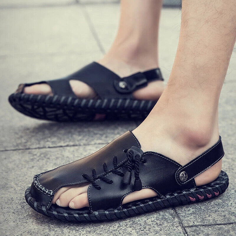 Mens Summer Sports Soft Slippers Genuine Leather Beach Shoes Casual Sandals