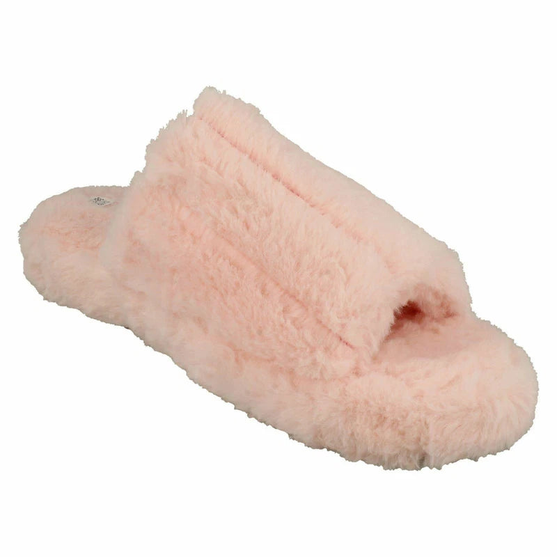 Ladies Faux Fur Striped Detail Sliders / Slippers : X2R119