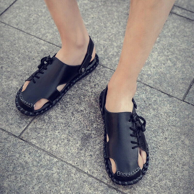 Mens Summer Sports Soft Slippers Genuine Leather Beach Shoes Casual Sandals