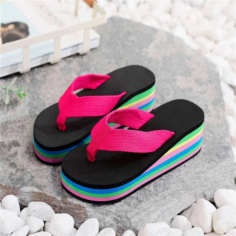Slippers Flip-Flops Rainbow Sandals High Heels Colorful Casual Beach Women