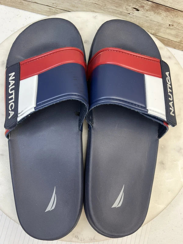 Nautica Bower Athletic Adjustable Slides Sandals, Mens Size 11, Navy White & Red