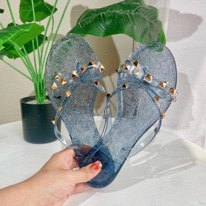 Rivet flip-flops rivet jelly thong sandals bow summer bow flat beach rain boots