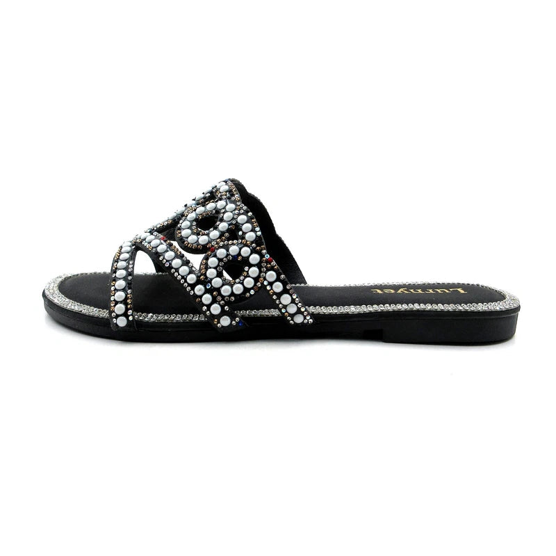 Lumyet Women's Pearl Sandals Rhinestone Embellished Slides, Flat Beach Slippers