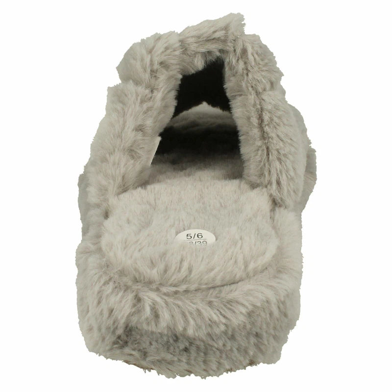 Ladies Faux Fur Striped Detail Sliders / Slippers : X2R119