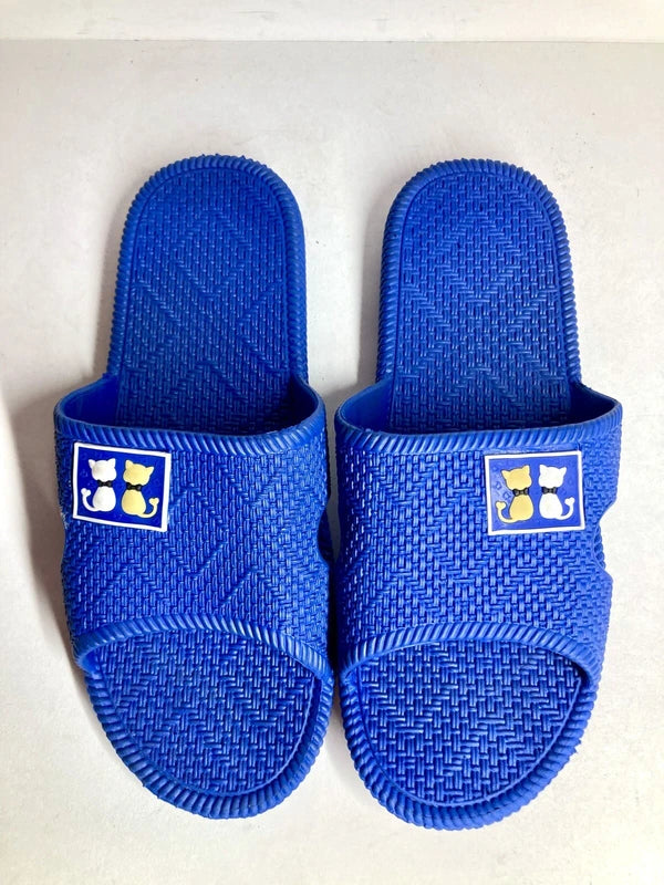 Mens Size 7 Blue Braided Pattern Slides White & Brown Cat Slippers Beach Slides