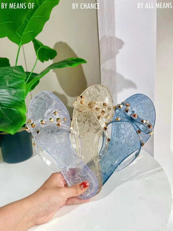 Rivet flip-flops rivet jelly thong sandals bow summer bow flat beach rain boots