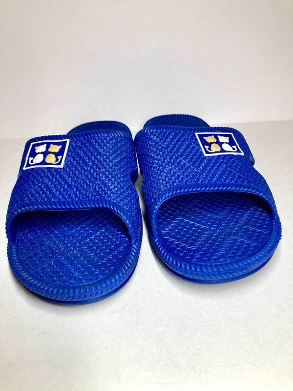 Mens Size 7 Blue Braided Pattern Slides White & Brown Cat Slippers Beach Slides