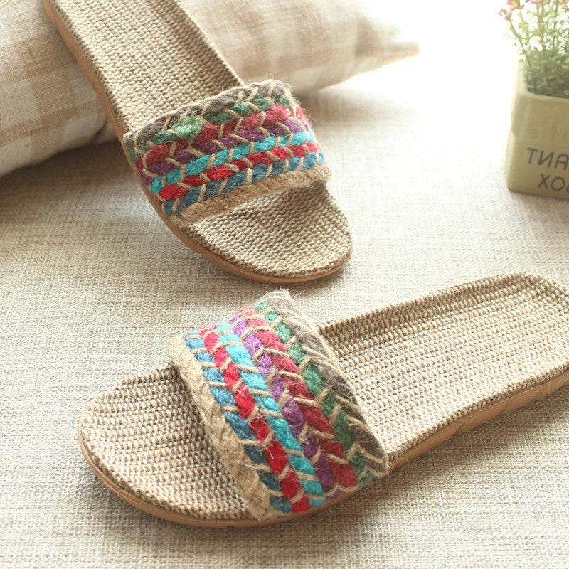 Summer Women Men Boho Flax Slippers Sandal Casual Beach Flip Flops Indoor Shoes