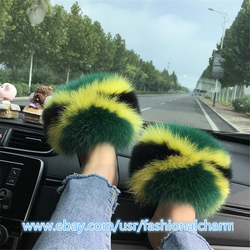 Women's Real Fox Fur Slides Ladies Slippers Sliders Summer Beach Sandels Shoes
