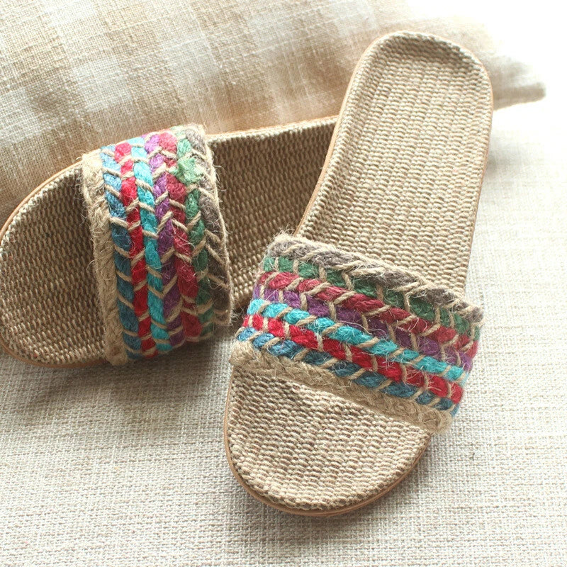 Summer Women Men Boho Flax Slippers Sandal Casual Beach Flip Flops Indoor Shoes