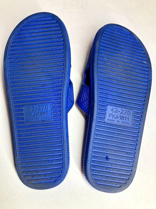 Mens Size 7 Blue Braided Pattern Slides White & Brown Cat Slippers Beach Slides