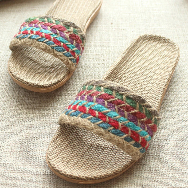 Summer Women Men Boho Flax Slippers Sandal Casual Beach Flip Flops Indoor Shoes