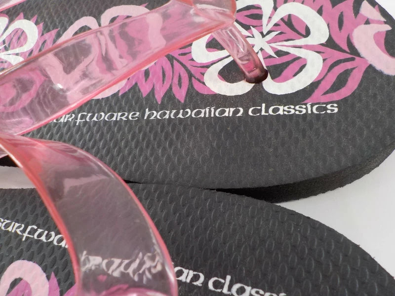 Surfware Hawaiian Classics Flip Flops Slippers SZ 8 Black w/ Pink Hibiscus NWOT