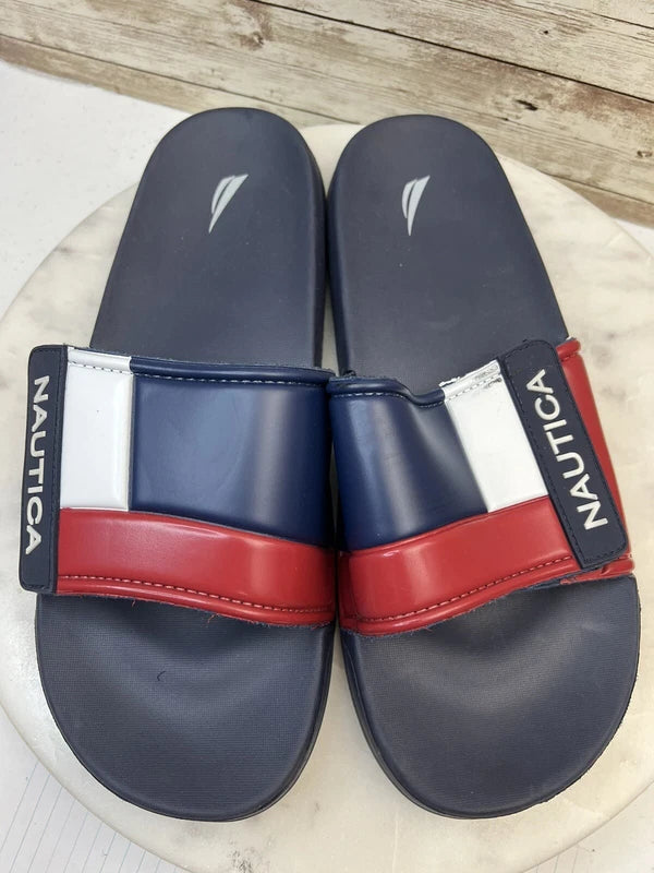 Nautica Bower Athletic Adjustable Slides Sandals, Mens Size 11, Navy White & Red