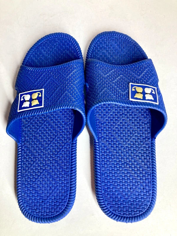 Mens Size 7 Blue Braided Pattern Slides White & Brown Cat Slippers Beach Slides