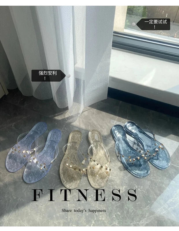 Rivet flip-flops rivet jelly thong sandals bow summer bow flat beach rain boots