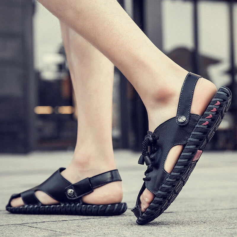 Mens Summer Sports Soft Slippers Genuine Leather Beach Shoes Casual Sandals