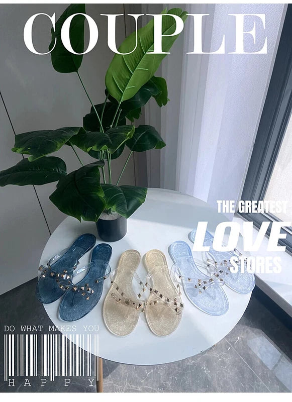Rivet flip-flops rivet jelly thong sandals bow summer bow flat beach rain boots
