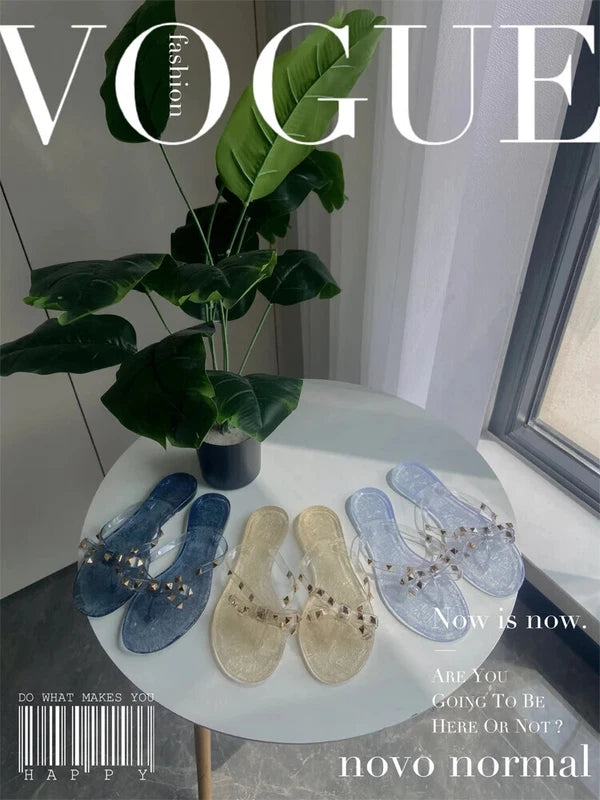 Rivet flip-flops rivet jelly thong sandals bow summer bow flat beach rain boots