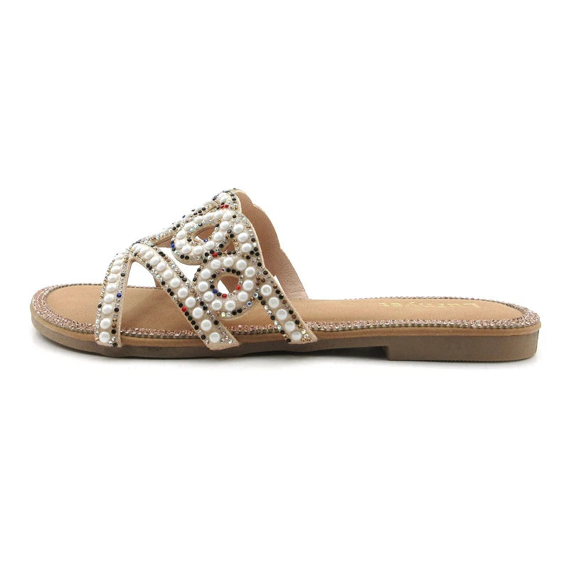 Lumyet Women's Pearl Sandals Rhinestone Embellished Slides, Flat Beach Slippers
