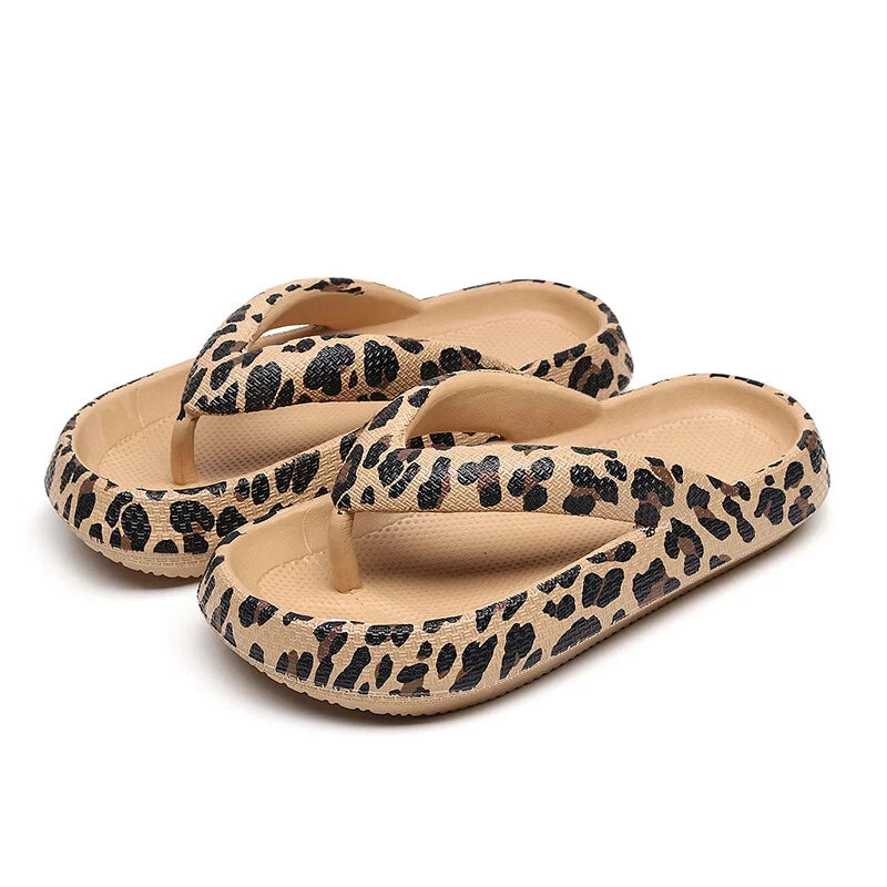 Summer Women Comfort Flip-Flop Leopard Soft Thick-Soled Cloud Beach Slippers