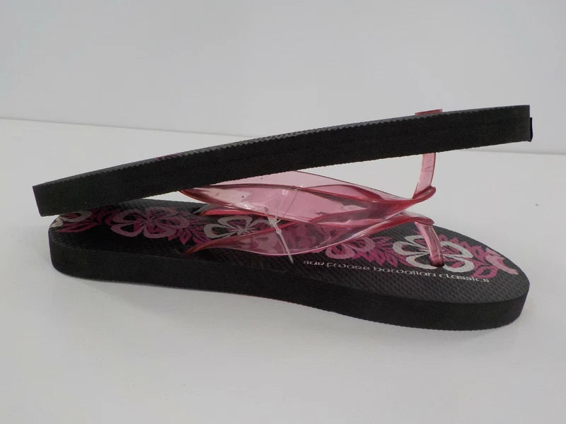 Surfware Hawaiian Classics Flip Flops Slippers SZ 8 Black w/ Pink Hibiscus NWOT