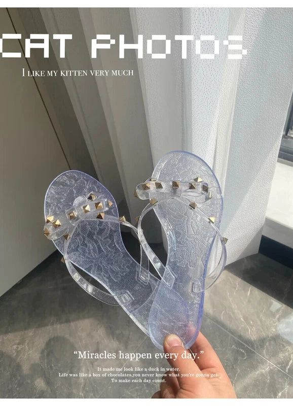 Rivet flip-flops rivet jelly thong sandals bow summer bow flat beach rain boots