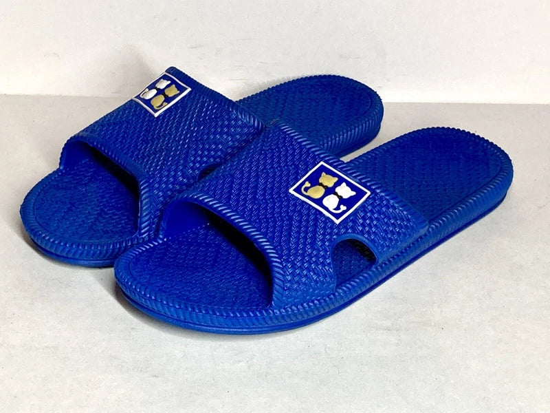 Mens Size 7 Blue Braided Pattern Slides White & Brown Cat Slippers Beach Slides