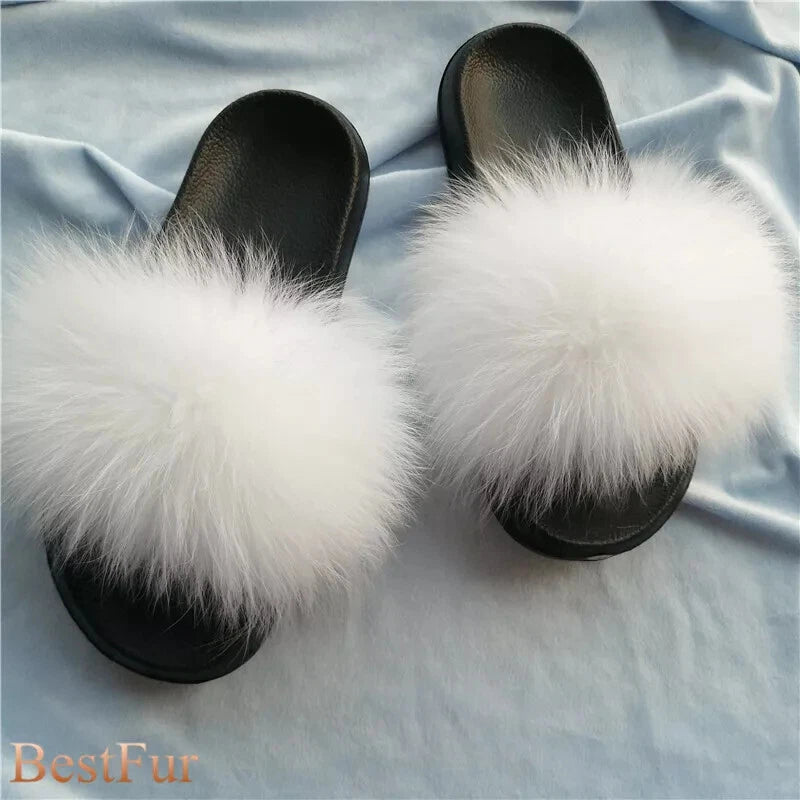 Womens Slides Real Fox Fur Sliders Summer Beach Slippers Sandals Holiday Shoes