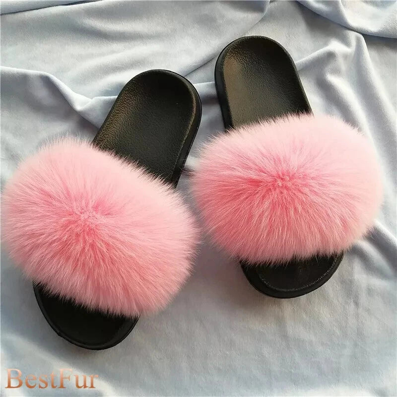 Womens Slides Real Fox Fur Sliders Summer Beach Slippers Sandals Holiday Shoes