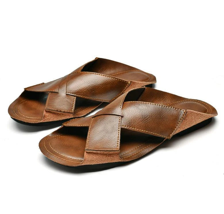 Mens Summer Flat Slip On Sandals Soft Fisherman Shoe Slipper Beach Pump Brown