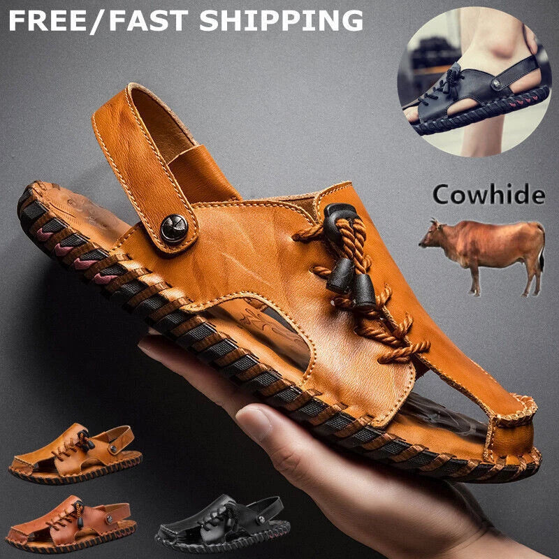 Mens Summer Sports Soft Slippers Genuine Leather Beach Shoes Casual Sandals