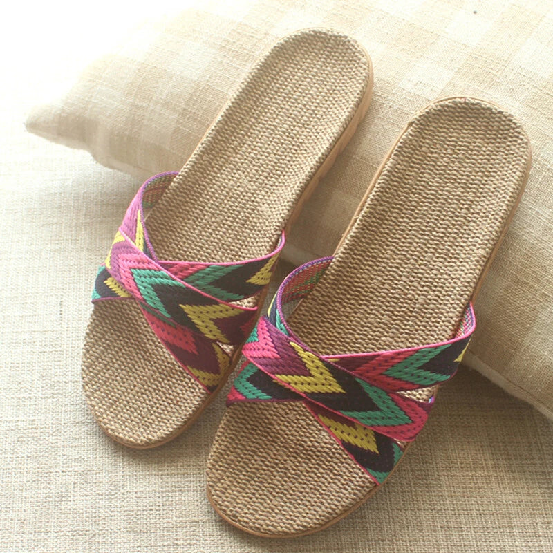 Summer Women Men Boho Flax Slippers Sandal Casual Beach Flip Flops Indoor Shoes