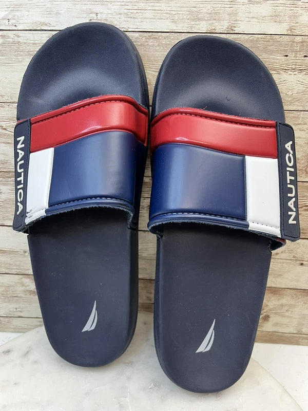 Nautica Bower Athletic Adjustable Slides Sandals, Mens Size 11, Navy White & Red