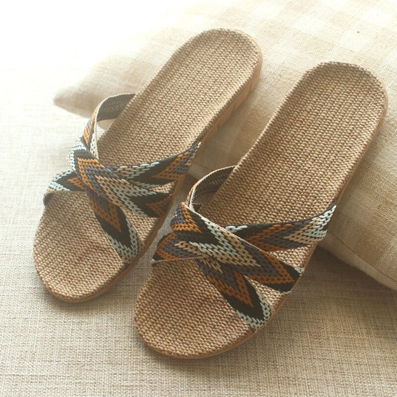 Summer Women Men Boho Flax Slippers Sandal Casual Beach Flip Flops Indoor Shoes
