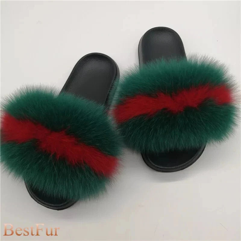 Womens Slides Real Fox Fur Sliders Summer Beach Slippers Sandals Holiday Shoes