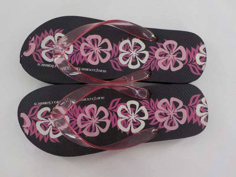 Surfware Hawaiian Classics Flip Flops Slippers SZ 8 Black w/ Pink Hibiscus NWOT