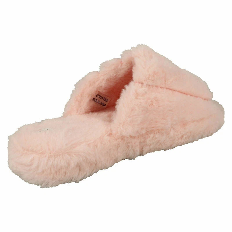Ladies Faux Fur Striped Detail Sliders / Slippers : X2R119