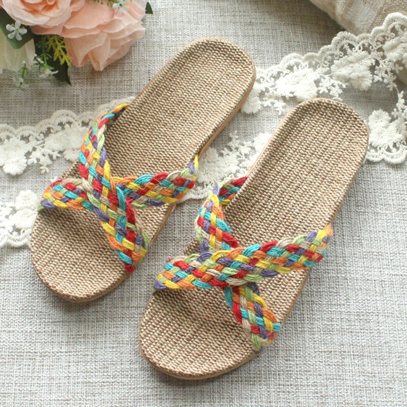 Summer Women Men Boho Flax Slippers Sandal Casual Beach Flip Flops Indoor Shoes