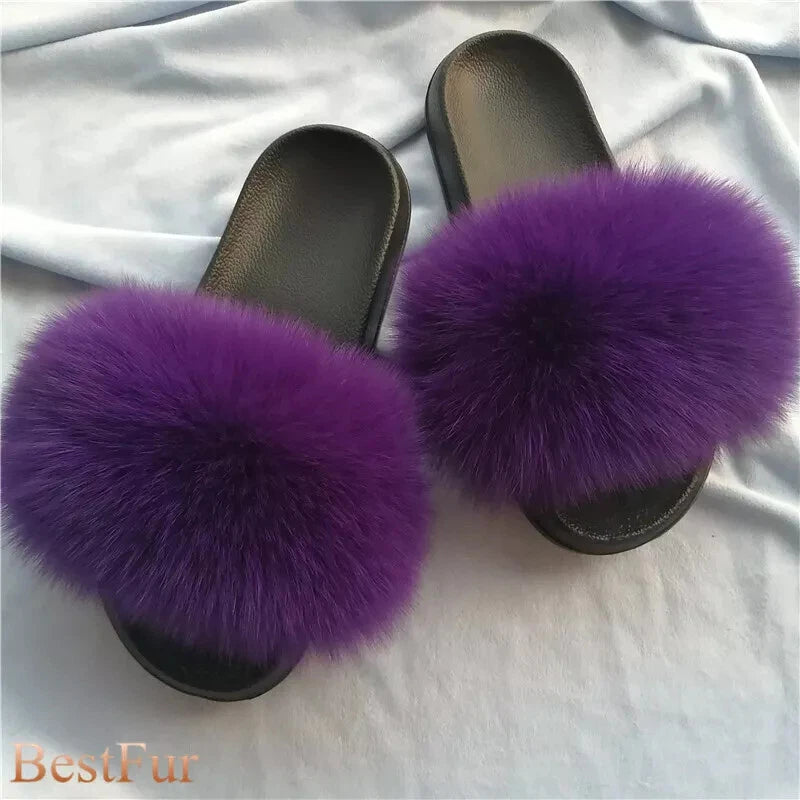 Womens Slides Real Fox Fur Sliders Summer Beach Slippers Sandals Holiday Shoes