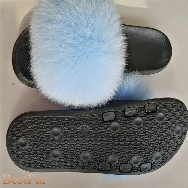 Womens Slides Real Fox Fur Sliders Summer Beach Slippers Sandals Holiday Shoes