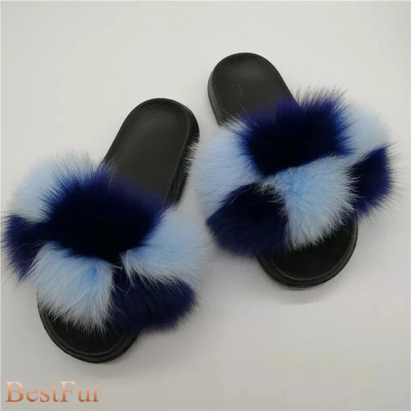 Womens Slides Real Fox Fur Sliders Summer Beach Slippers Sandals Holiday Shoes