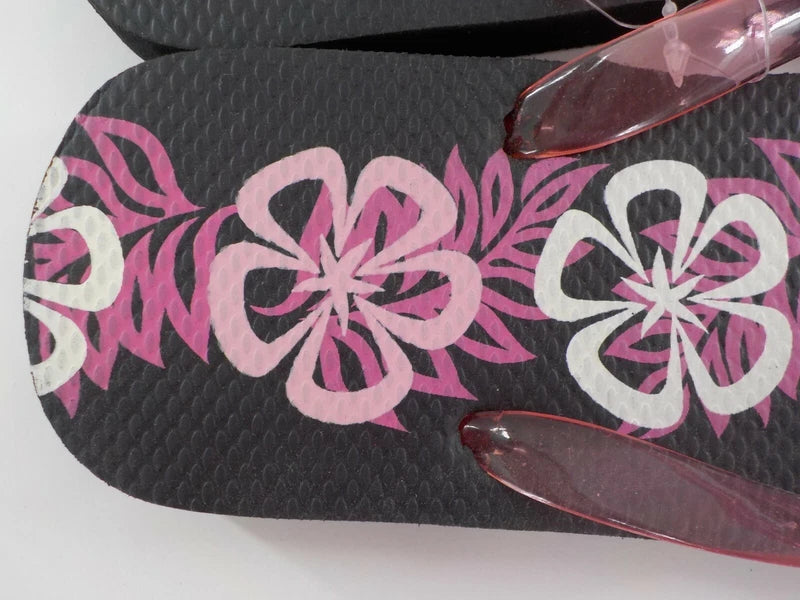 Surfware Hawaiian Classics Flip Flops Slippers SZ 8 Black w/ Pink Hibiscus NWOT