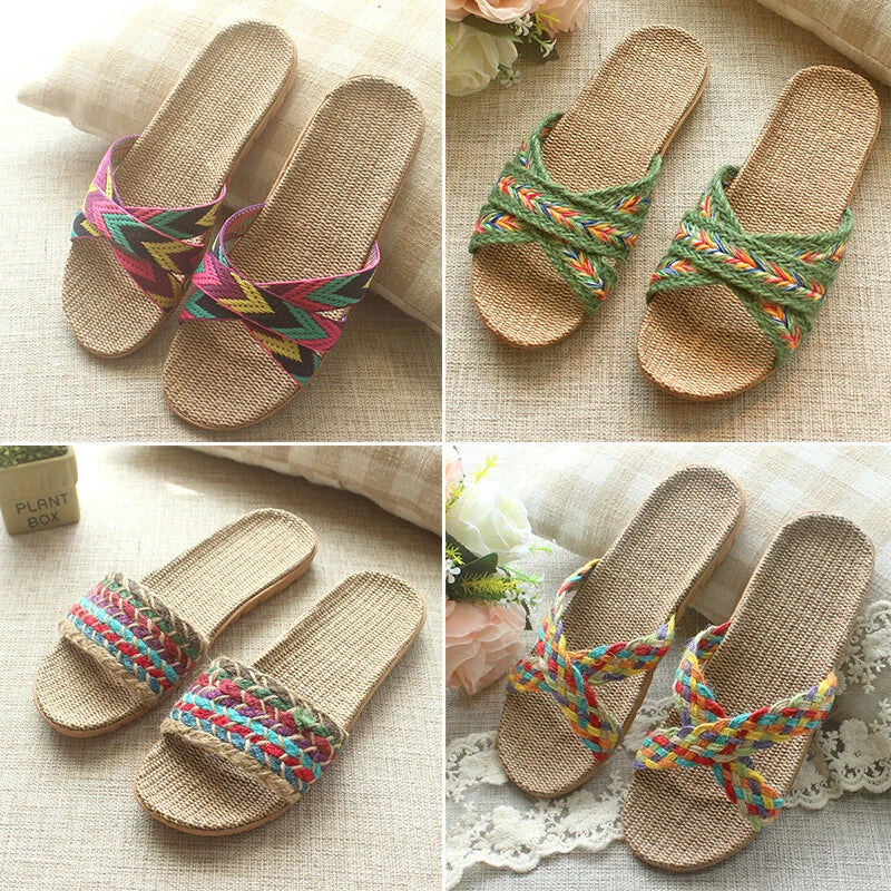 Summer Women Men Boho Flax Slippers Sandal Casual Beach Flip Flops Indoor Shoes